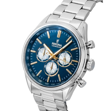 Festina tidløs kronograf rustfrit stål blå urskive kvarts F16820-C herreur