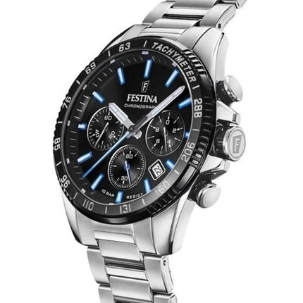 Festina tidløs kronograf rustfrit stål sort skive kvarts F20560-5 100M herreur