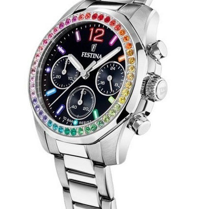 Festina Rainbow Chronograph Krystal Accenter Rustfrit Stål Sort Urskive Quartz F20606-3 100M Dameur