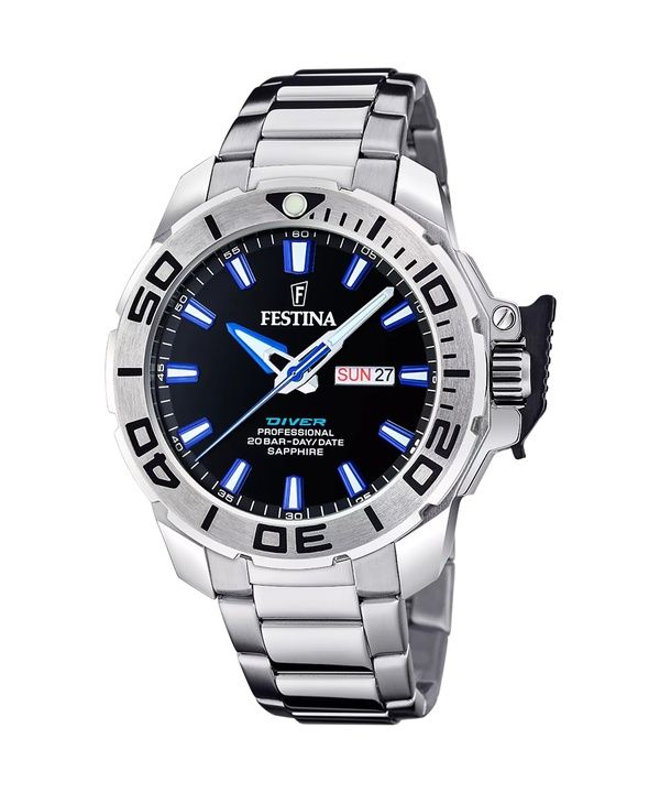 Festina Classics Stainless Steel Black Dial Quartz Diver&#39,s F20665-3 200M herreur med gaverem