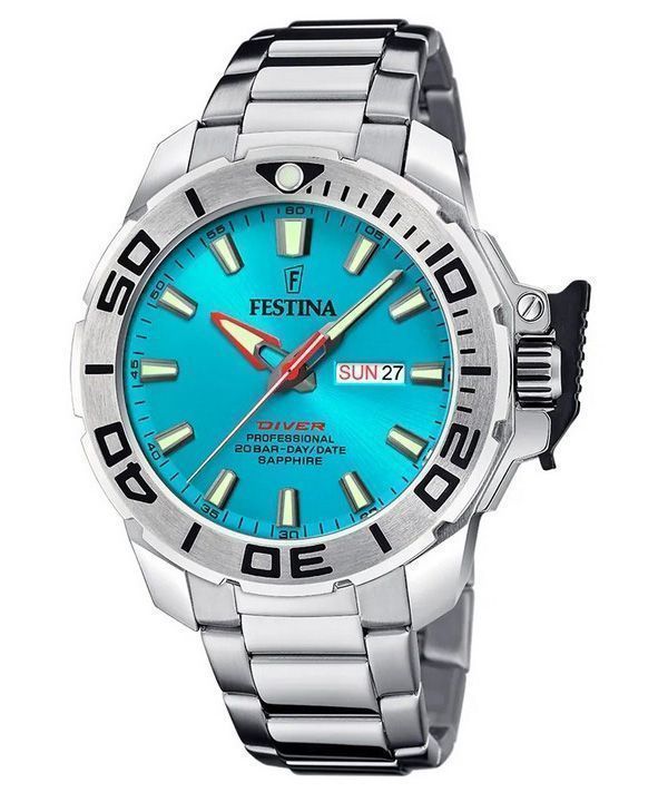 Festina Diver rustfrit stål turkis urskive Quartz F20665-6 200M herreur med ekstra rem