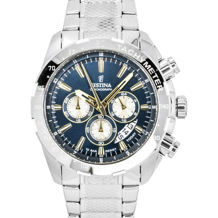 Festina tidløs kronograf rustfrit stål blå urskive kvarts F20668-5 100M herreur