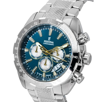 Festina tidløs kronograf rustfrit stål blå urskive kvarts F20668-5 100M herreur
