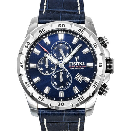 Festina tidløs kronograf læderrem blå urskive kvarts F20692-2 100M herreur