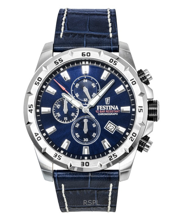 Festina tidløs kronograf læderrem blå urskive kvarts F20692-2 100M herreur