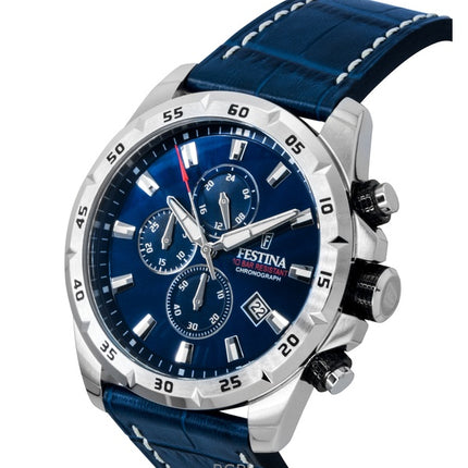 Festina tidløs kronograf læderrem blå urskive kvarts F20692-2 100M herreur