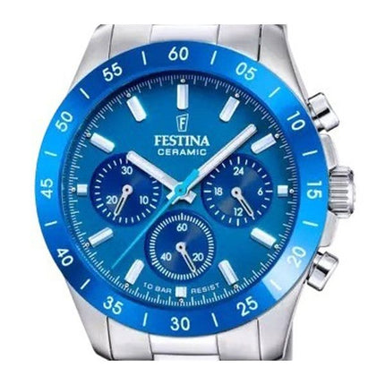 Festina keramisk kronograf rustfrit stål blå skive kvarts F20693-4 100M dameur