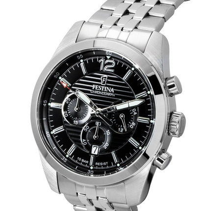 Festina tidløs kronograf sort urskive kvarts F20742-3 100M herreur