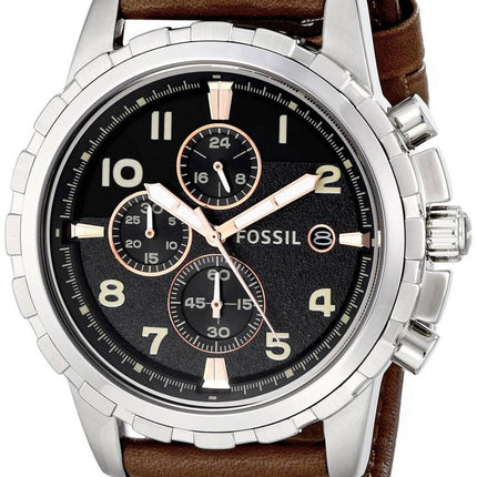 Fossile Dean kvarts Chronograph sort urskive brun læder FS4828 Herreur