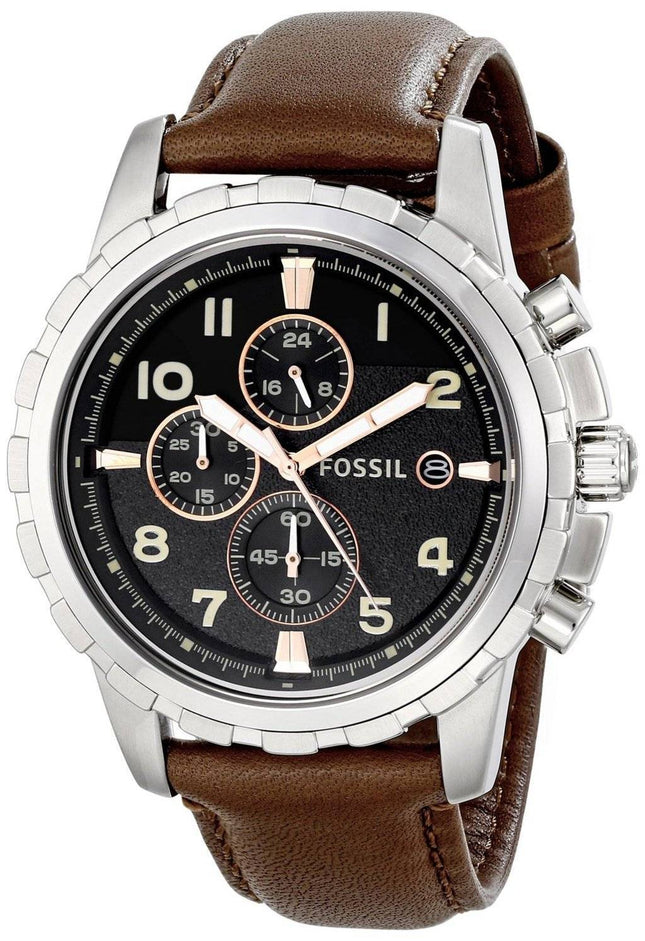 Fossile Dean kvarts Chronograph sort urskive brun læder FS4828 Herreur