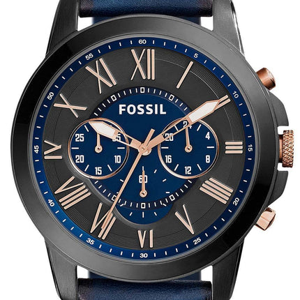 Fossile Grant Chronograph Black and Blue Dial blå læder FS5061 Herreur