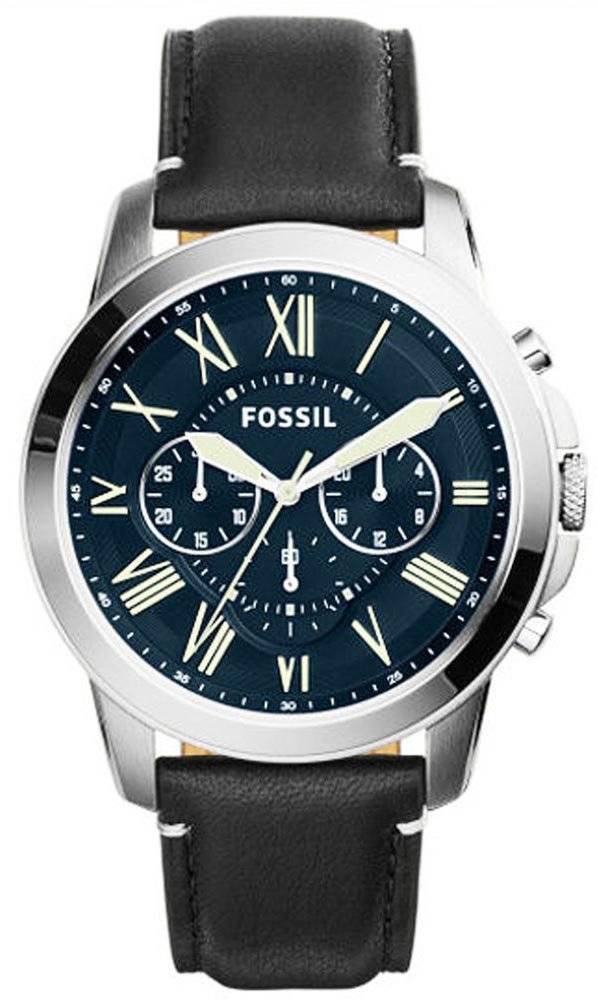 Fossile give Chronograph blå urskive sort læder FS5089 Herreur