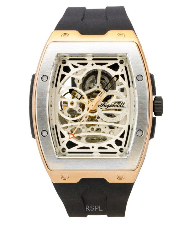 Ingersoll The Challenger PU gummirem sølv skelet urskive automatisk I12302 herreur