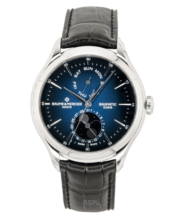 Baume &amp; Mercier Clifton læderrem månefase blå urskive automatisk M0A10593 herreur