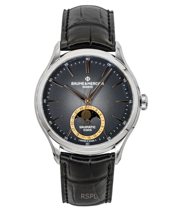 Baume &amp; Mercier Clifton læderrem månefase sort urskive automatisk M0A10758 herreur