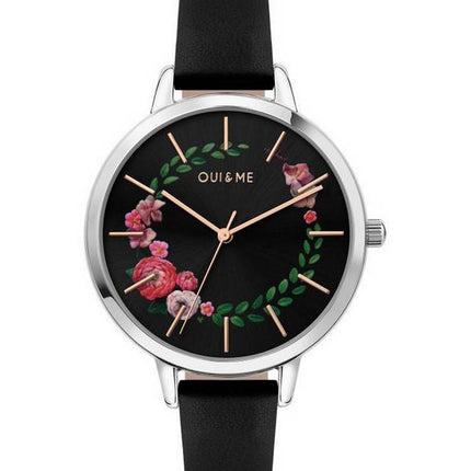 Oui & Me Grande Fleurette sort skive læderrem Quartz ME010033 dameur