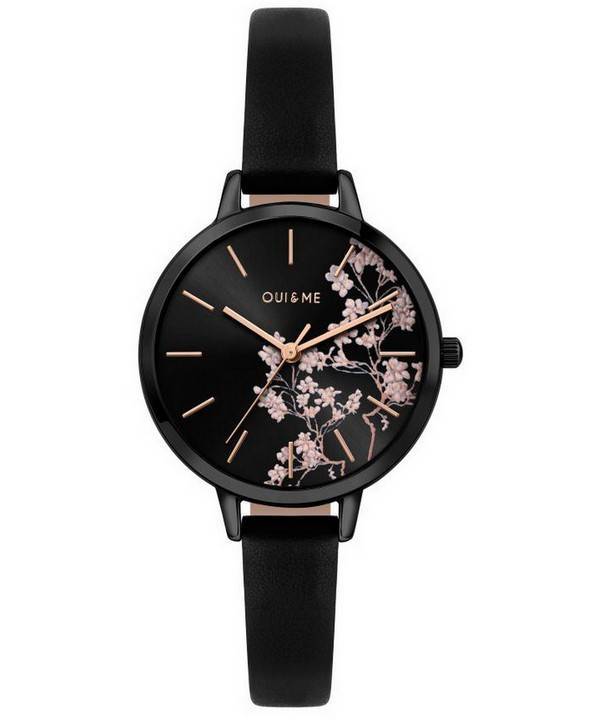 Oui & Me Petite Fleurette sort skive læderrem Quartz ME010065 dameur