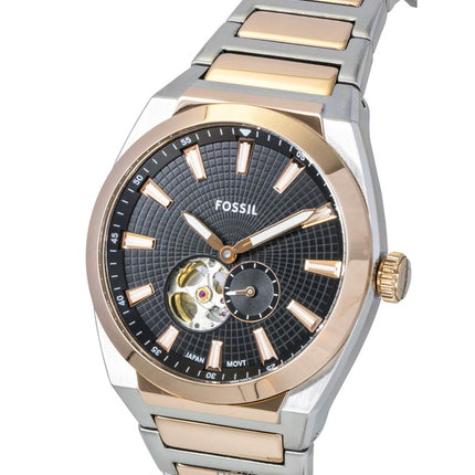 Fossil Everett tofarvet rustfrit stål åbent hjerte sort urskive automatisk ME3277 herreur