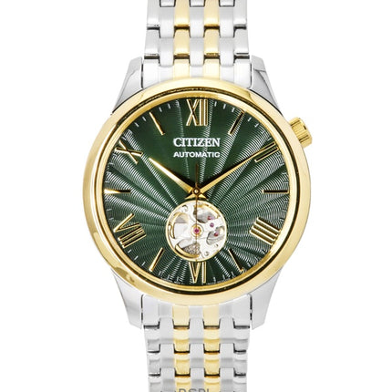 Citizen tofarvet rustfrit stål åben hjerte grøn urskive automatisk NH9134-83X herreur