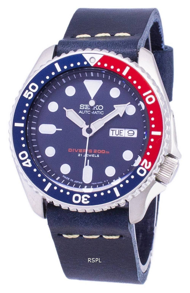 Seiko automatiske SKX009J1-LS15 dykkerens 200M mørk blå læder rem Herreur
