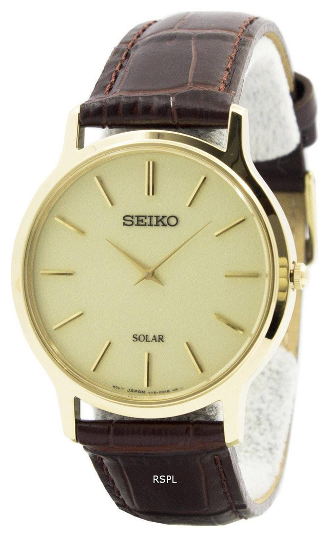 Seiko Solar guld Tone læder rem SUP870P1 SUP870P Herreur