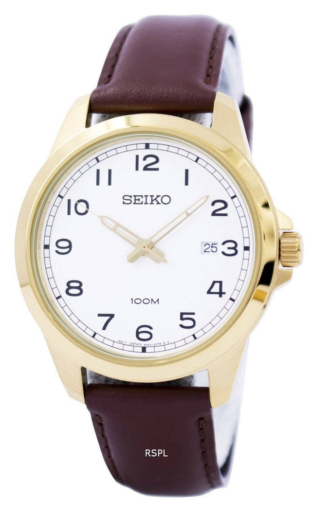 Seiko Quartz hvide Dial brun læder SUR160 SUR160P1 SUR160P Herreur