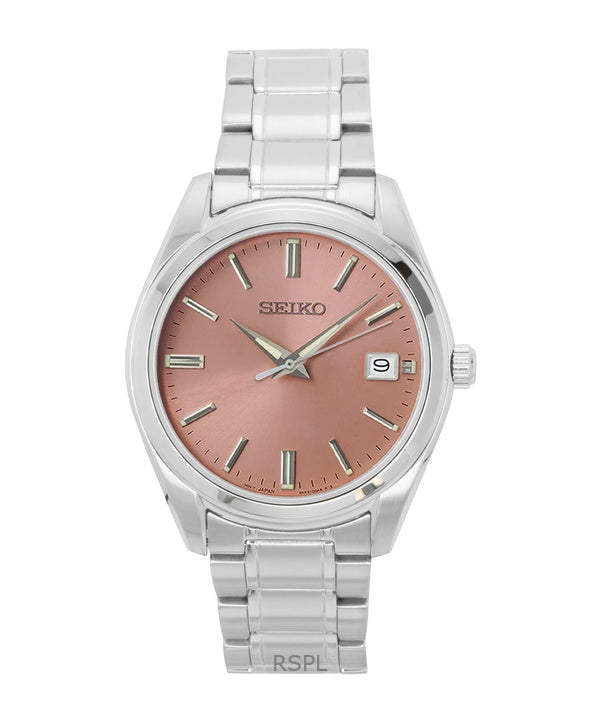 Seiko rustfrit stål laksefarvet urskive Quartz SUR523P1 100M herreur