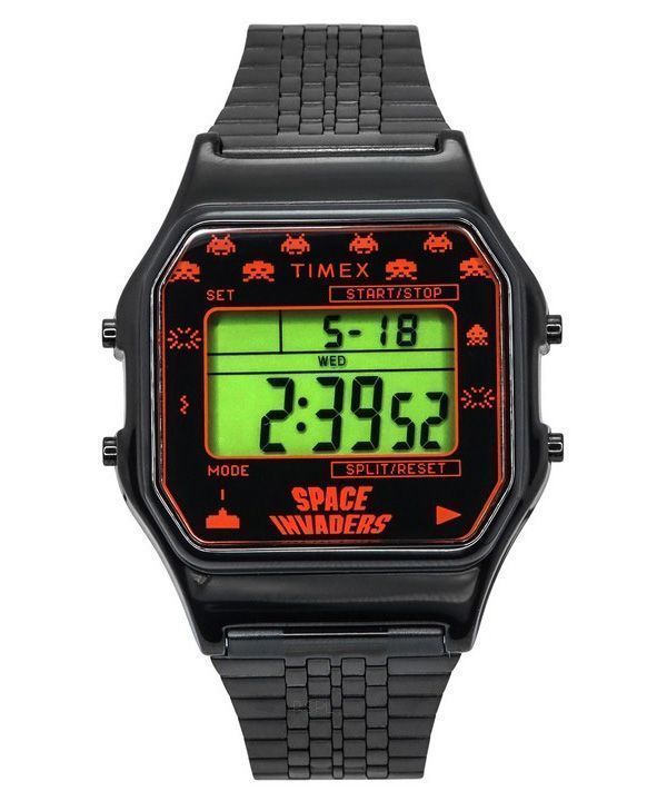 Timex T80 X Space Invaders digitalt rustfrit stål kvarts TW2V30200 unisex ur