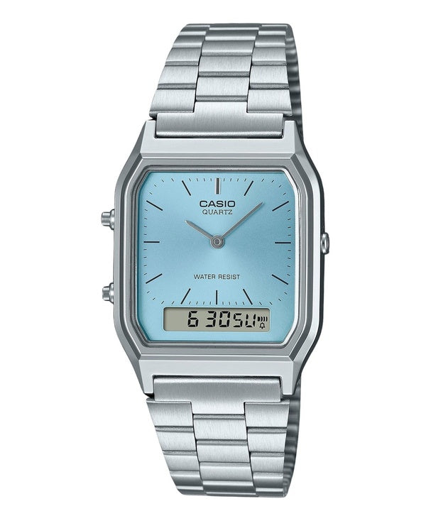 Renoveret Casio Vintage analog digital rustfrit stål turkis urskive Quartz AQ-230A-2A1 unisex ur