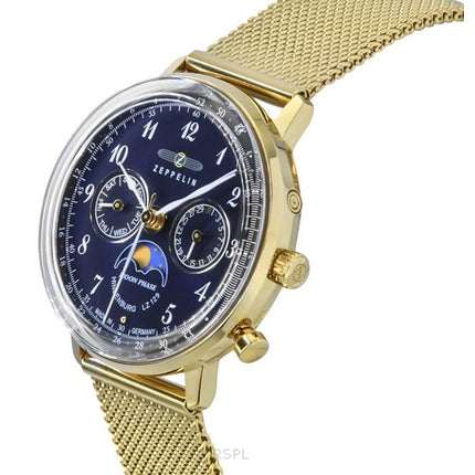 Zeppelin LZ 129 Hindenburg Moon Phase Gold Tone Rustfrit stål Blue Dial Quartz 7039M2 herreur