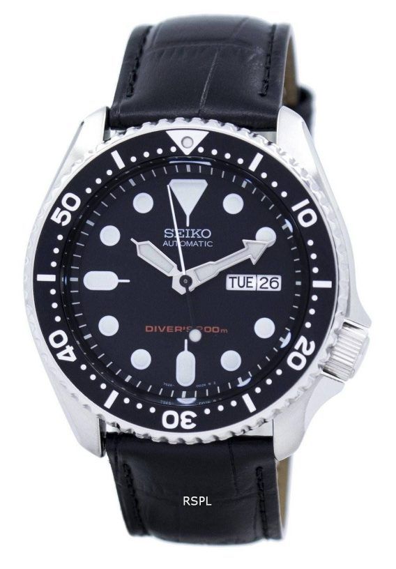 Seiko automatiske dykkerens 200M forholdet sort læder SKX007K1-LS6 Herreur