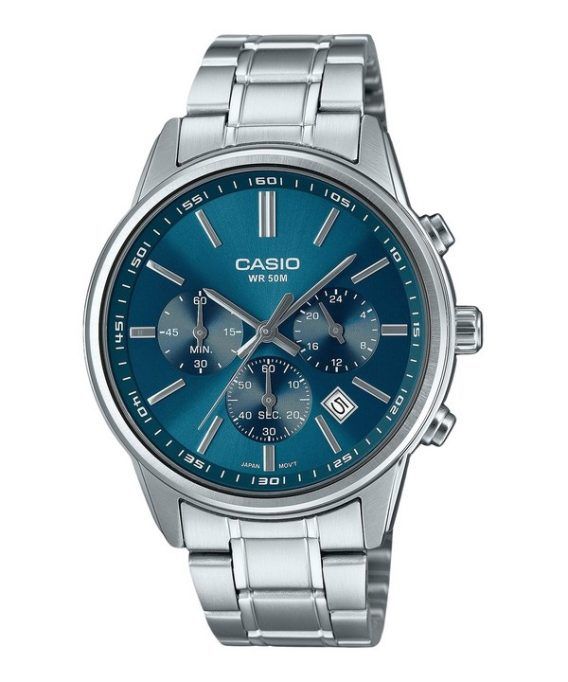 Casio standard analog kronograf rustfrit stål blå skive kvarts MTP-E515D-2A1V herreur