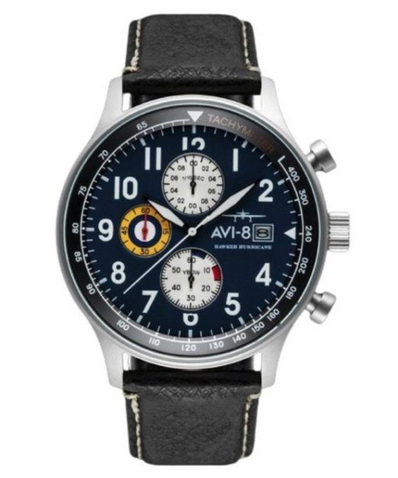 AVI-8 Hawker Hurricane Classic Chronograph Midnight Black Læderrem Blue Dial Quartz AV-4011-0I herreur